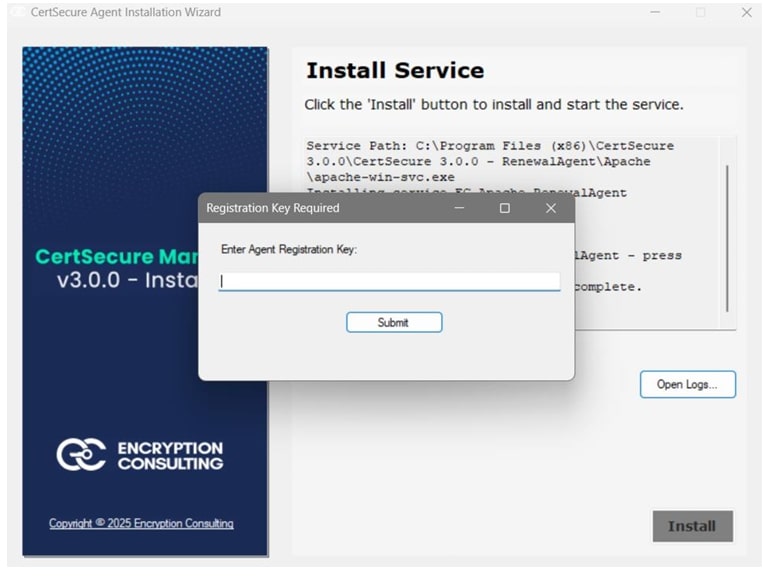 Agent registration key modal