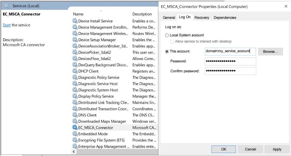 Enter credentials for service account
