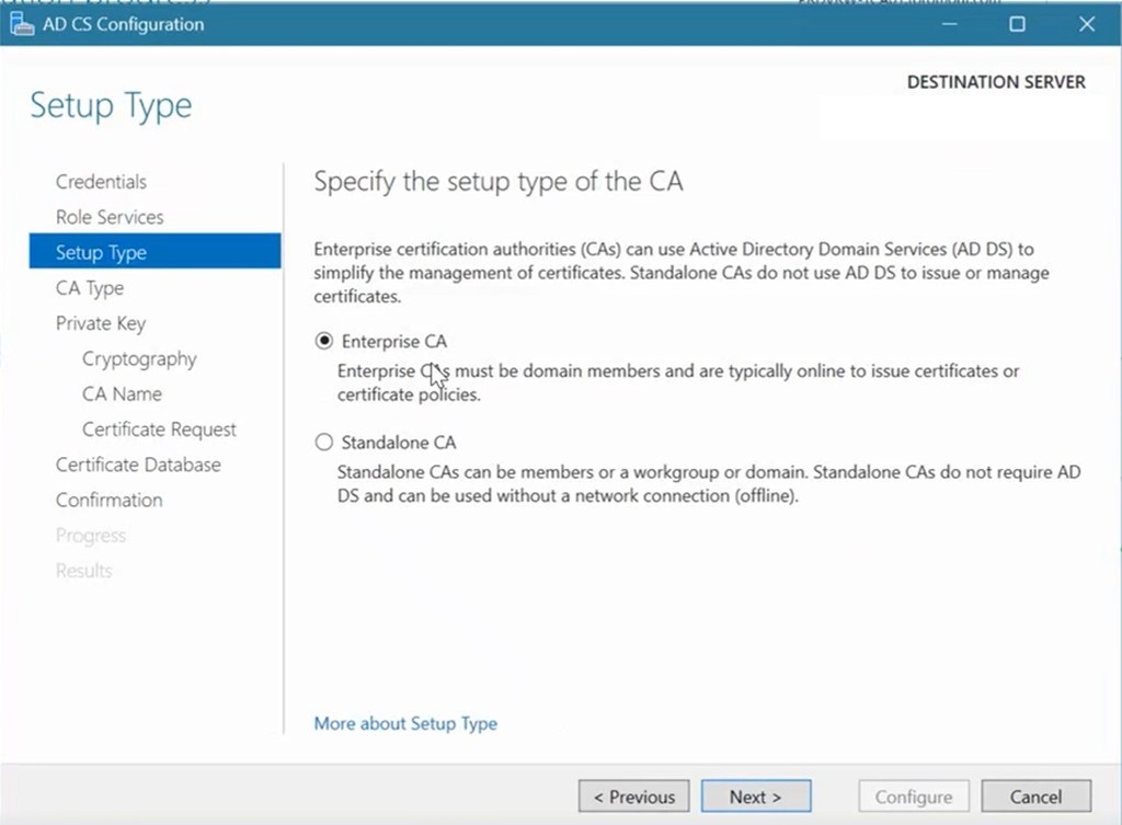 Enterprise CA option enabled