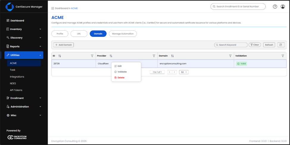 CertSecure Manager showing DNS-01 domain validation