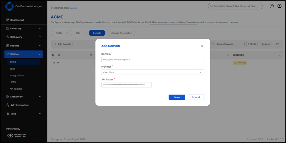 CertSecure Manager showing public DNS provider onboarding and DNS-01 connector configuration