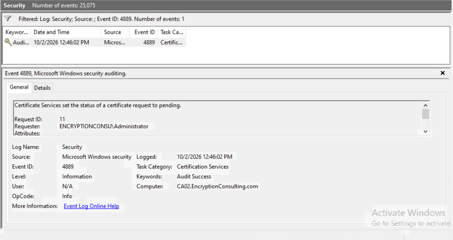 4889 — Event Viewer General tab