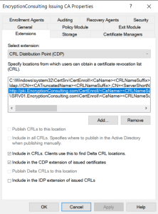 Microsoft AD CS Certification Authority Properties window showing the CRL Distribution Point extension, configured publication paths, and CRL inclusion options.