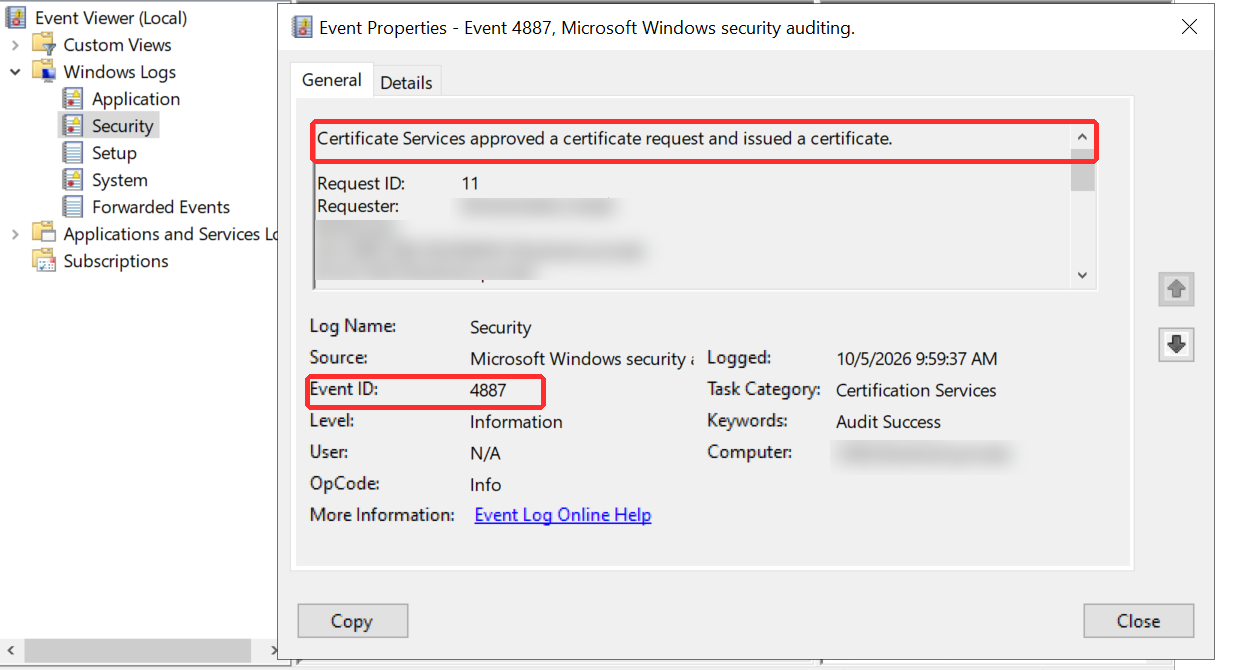 adcs event 4887 certificate issued