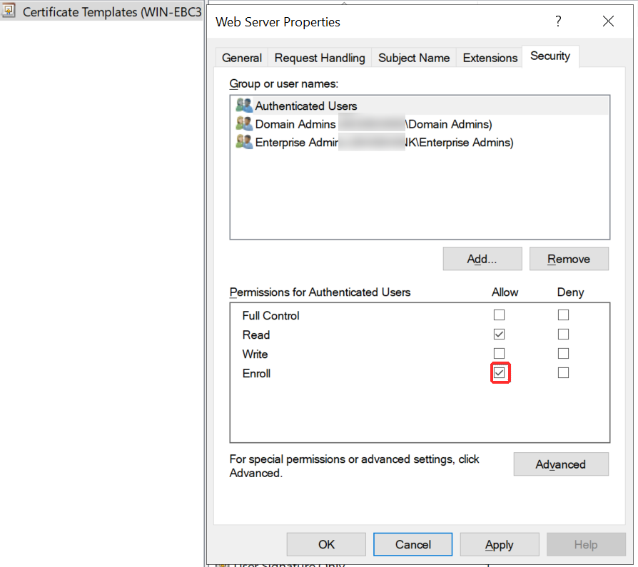 adcs template security tab enroll permissions