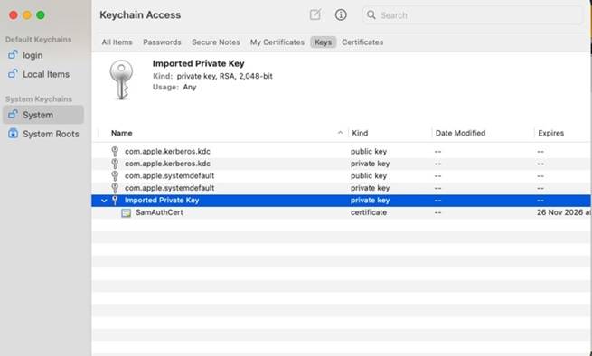 Keychain key imported output