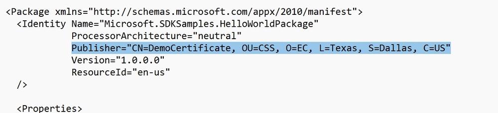 AppxManifest.xml showing the updated Publisher line matching the certificate subject