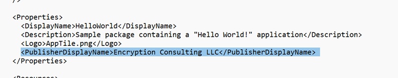 AppxManifest.xml showing the updated PublisherDisplayName line