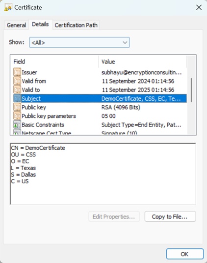 Certificate Details tab showing the Subject field in Windows Certificate viewer