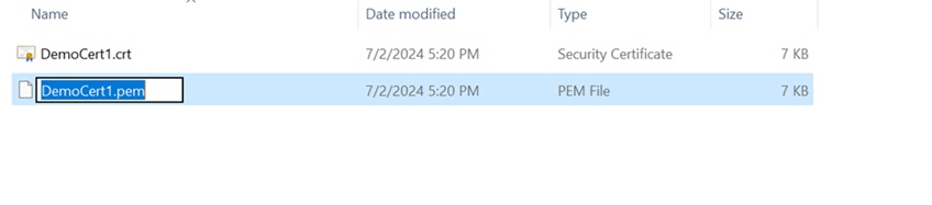 File Explorer showing a certificate file renamed with a .pem extension