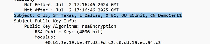 Certificate subject line shown in a text editor