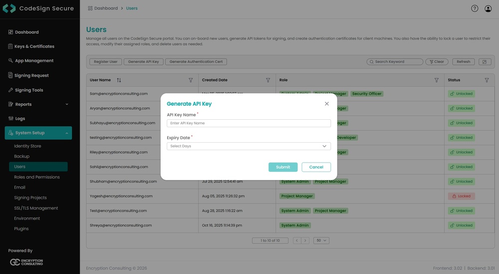 CodeSign Secure System Setup page with the Generate API Key option