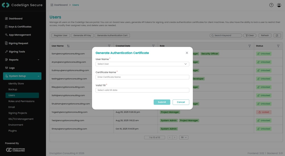 CodeSign Secure System Setup page with the Generate Authentication Cert option