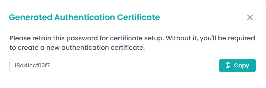 CodeSign Secure dialog showing the generated .pfx authentication certificate and password