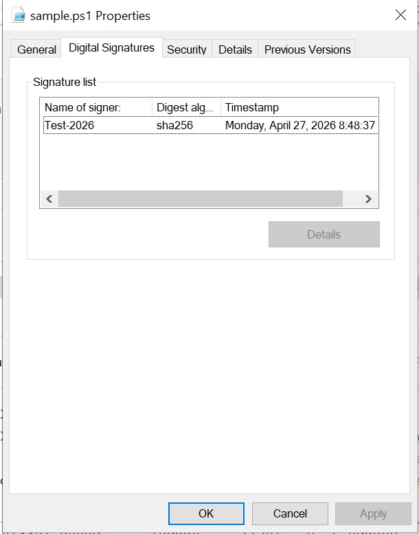 Windows file Properties dialog showing the Digital Signatures tab with a valid signature