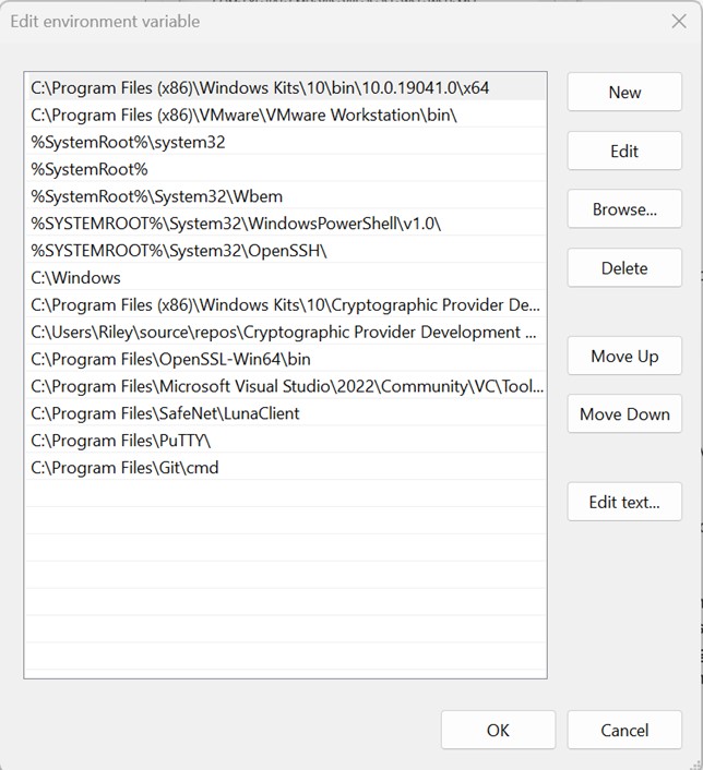 Edit environment variable dialog with the signtool.exe directory path added