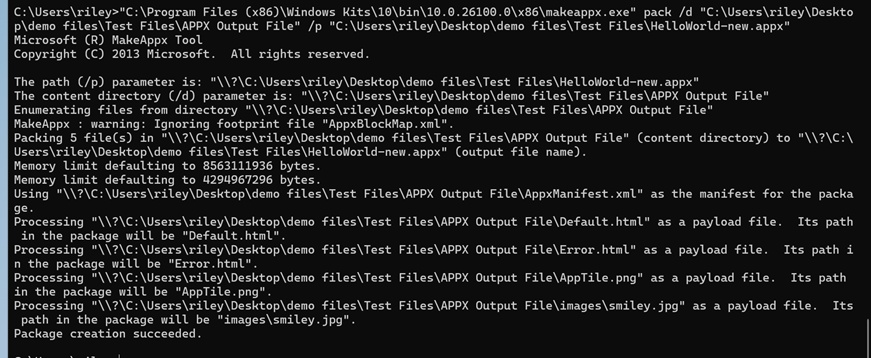 Command Prompt output after running the MakeAppx pack command
