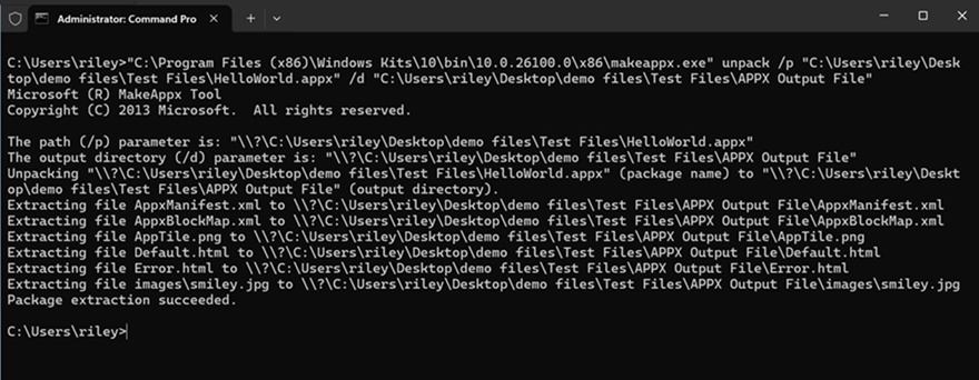 Command Prompt output after running the MakeAppx unpack command