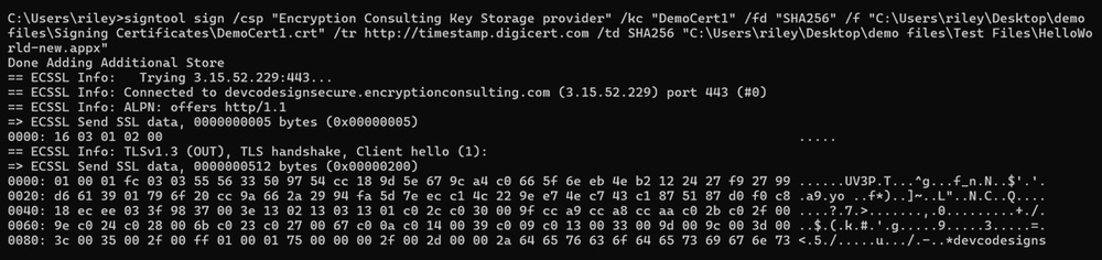 Command Prompt showing the signtool sign command being run against the repacked package