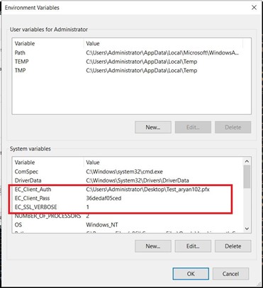Windows System Variables dialog showing EC_Client_Auth, EC_Client_Pass, and EC_SSL_VERBOSE entries