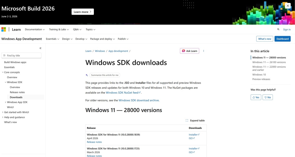Windows SDK installer download screen