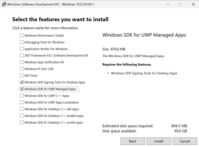 Windows SDK installer feature selection screen with Signing Tools and UWP Managed Apps checked
