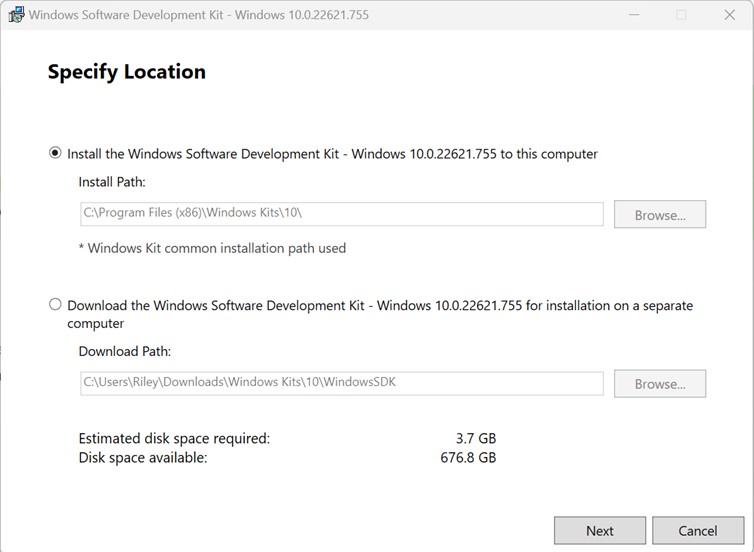Windows SDK installer first screen
