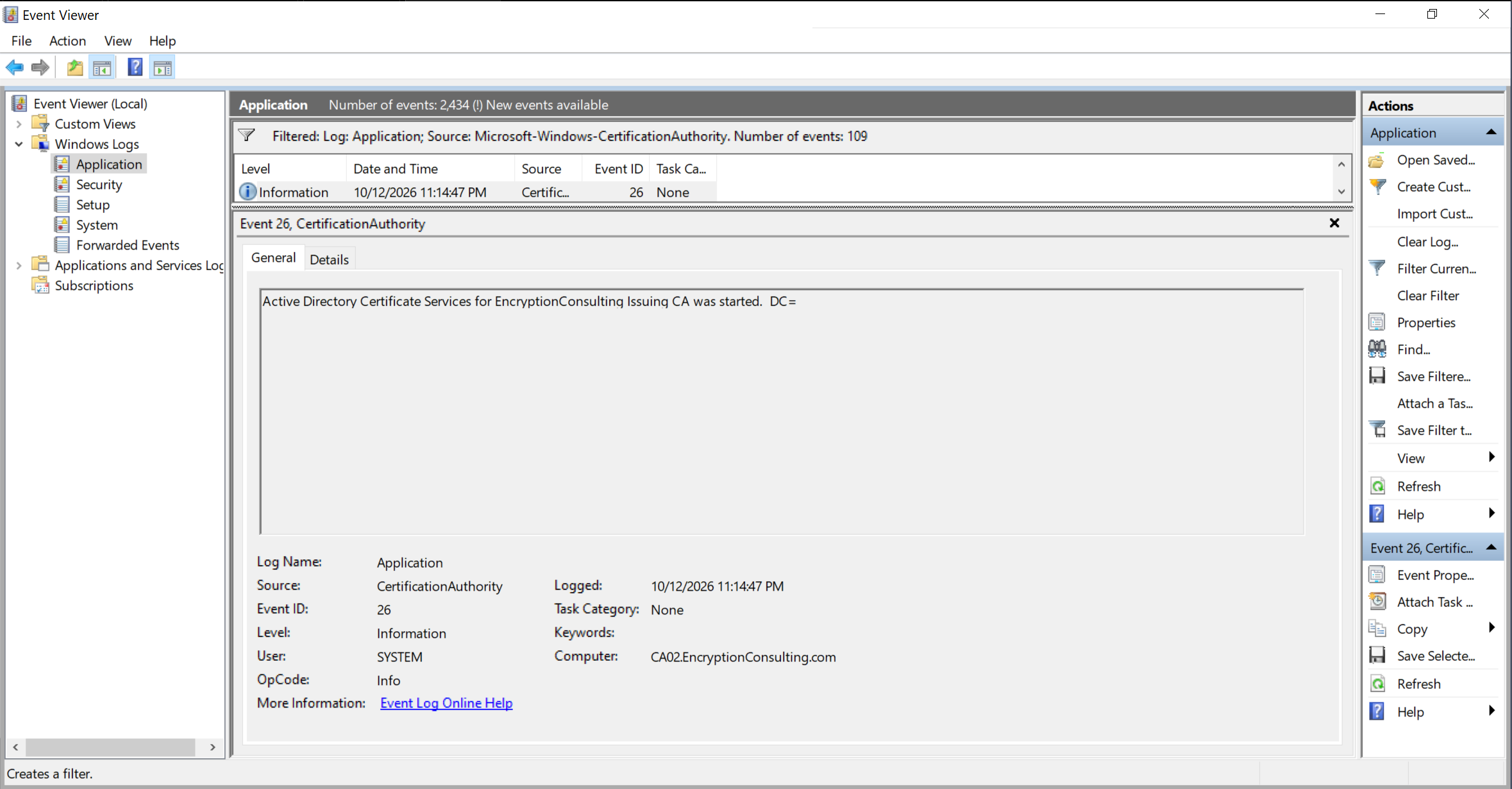 Windows Event Viewer showing a healthy Certification Authority service start Event ID 26.
