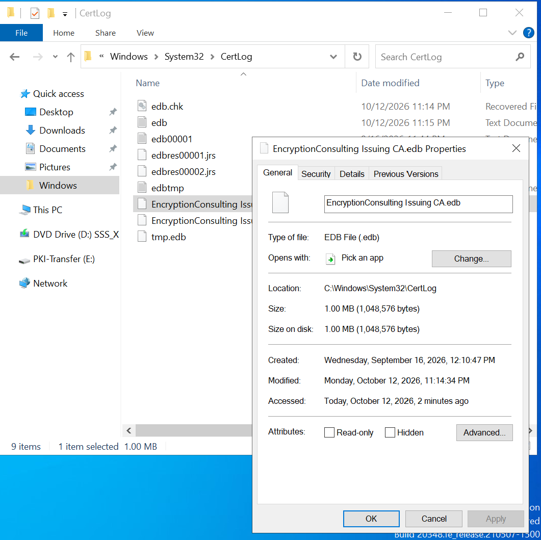 Windows file properties window showing the file size of the issuing CA database EDB file.