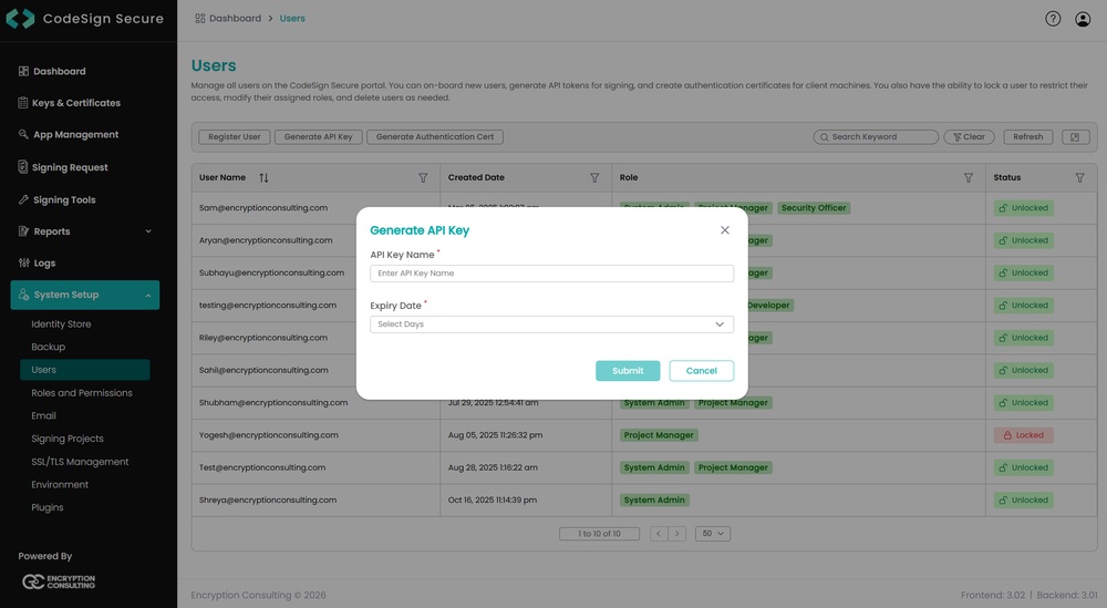 CodeSign Secure System Setup page with the Generate API Key option