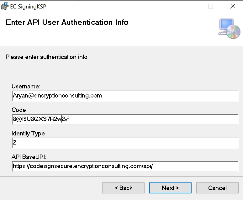 EC KSP installer screen for entering CodeSign Secure account and connection details