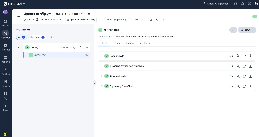 New CircleCI pipeline run shown in the Pipeline section