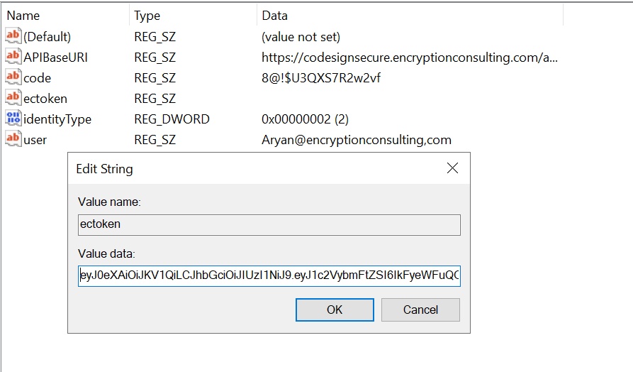 Registry Editor showing the ectoken value being set