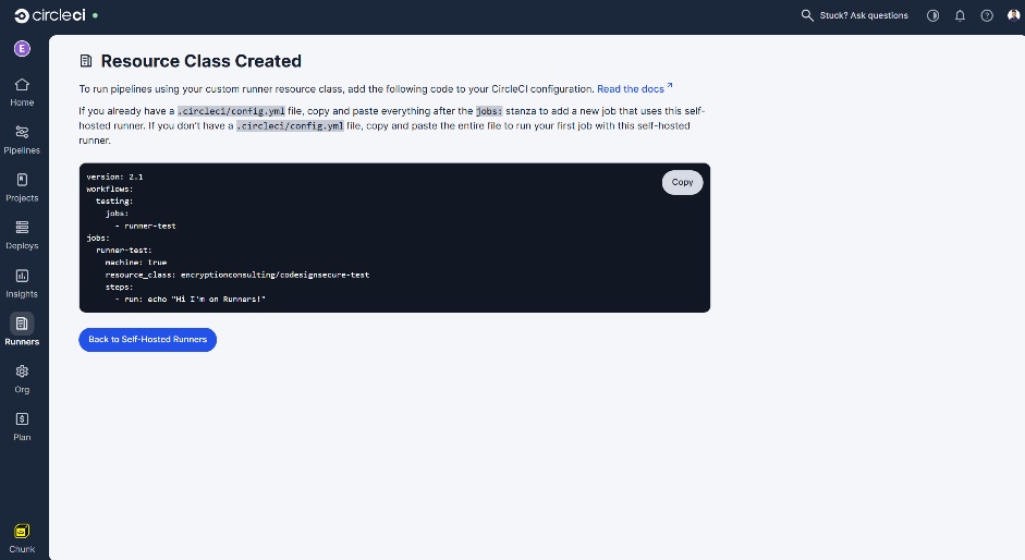 CircleCI Continue button to add the runner to the organization