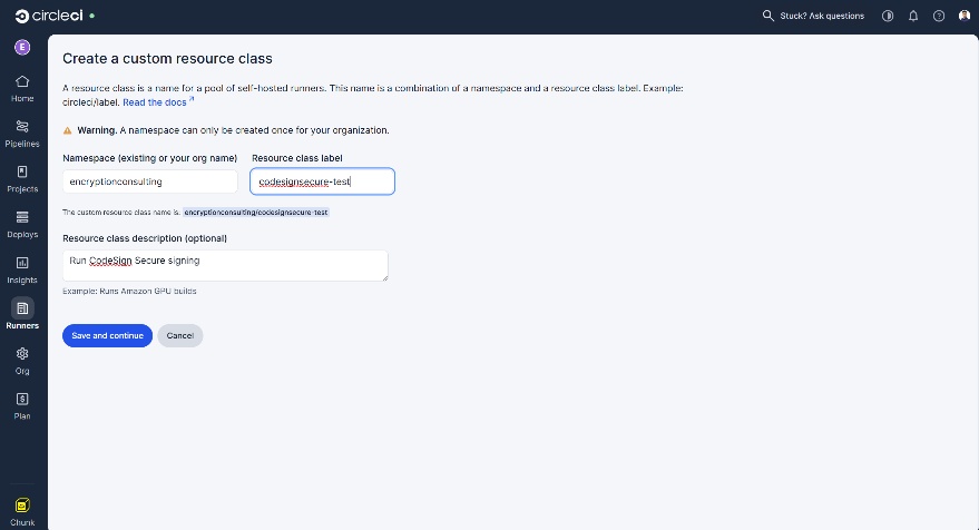 CircleCI screen for creating a runner resource class
