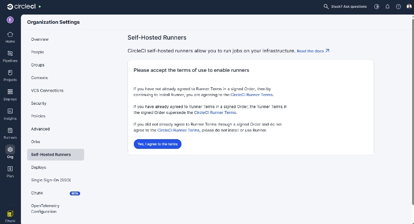 CircleCI Runners terms and conditions confirmation