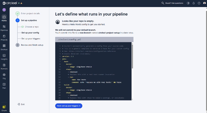 CircleCI sample repo with set up your triggers option