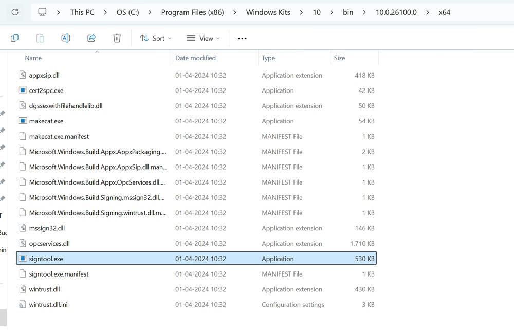 File Explorer showing the signtool.exe location in the Windows Kits bin directory