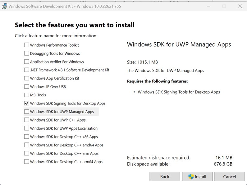 Windows SDK installer with Signing Tools for Desktop Apps selected