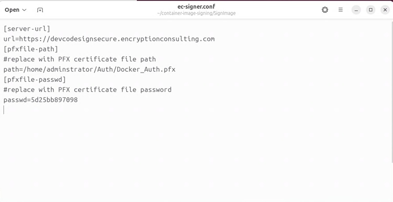 ec-signer.conf configuration file opened in a text editor