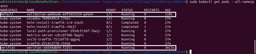 Terminal output showing the validation-webhook and verifier pods in Running status