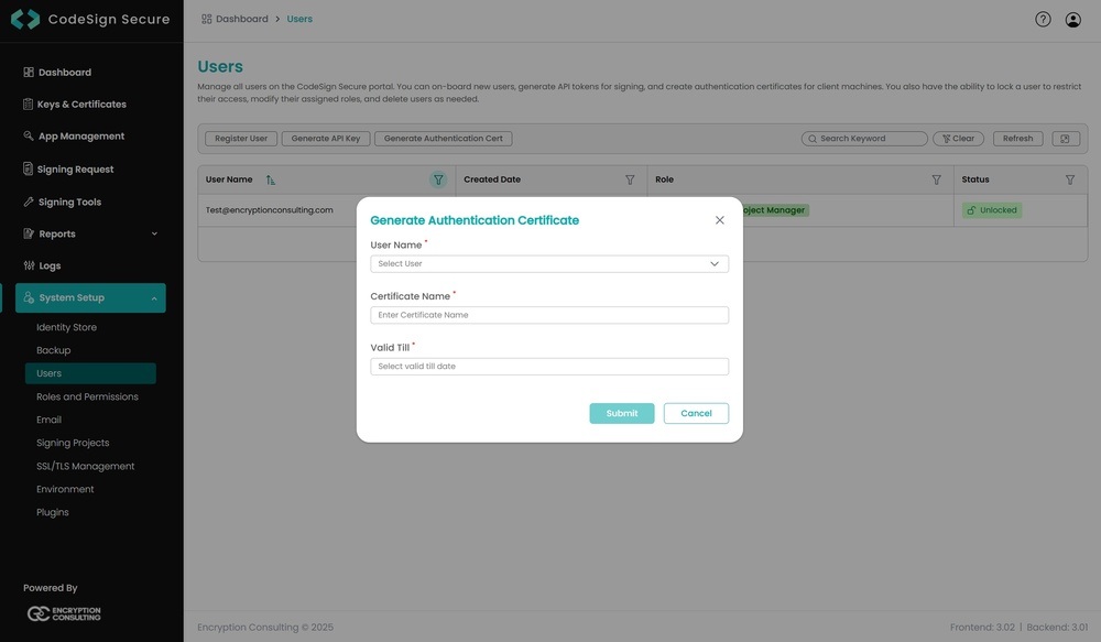 CodeSign Secure dialog showing the generated .pfx authentication certificate and password
