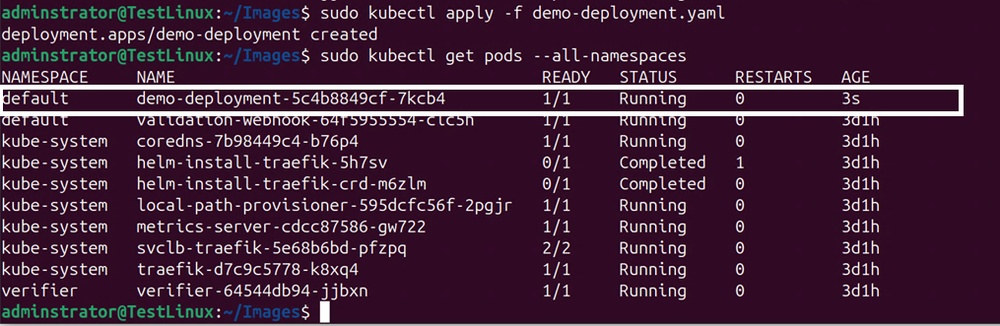 Terminal output showing the demo-deployment service successfully running with a signed image