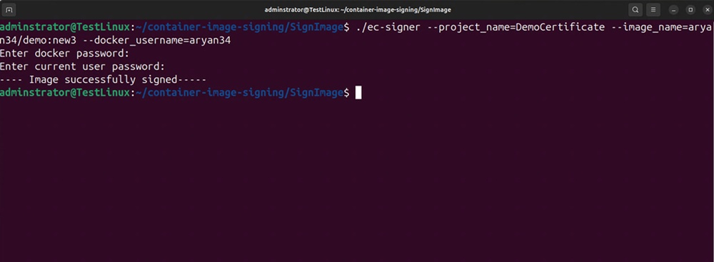 Terminal output showing the ec-signer tool reporting a successful signing operation