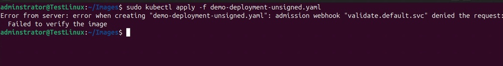 Admission webhook error rejecting the deployment of an unsigned container image