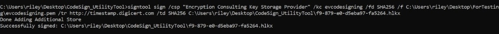 Command Prompt output showing a successful Signtool signing operation