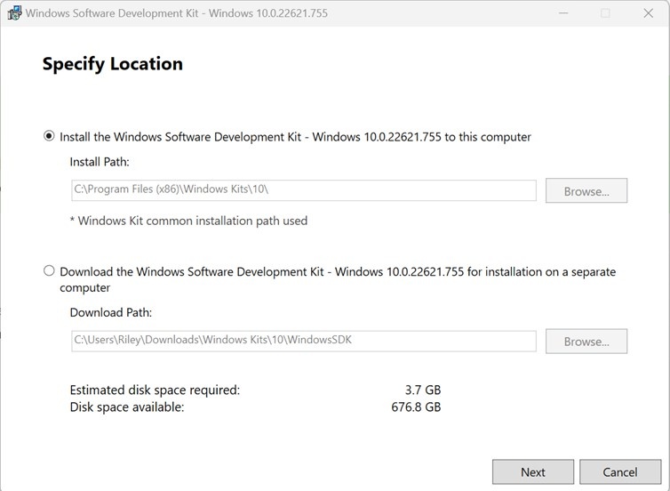 Windows SDK installer first screen