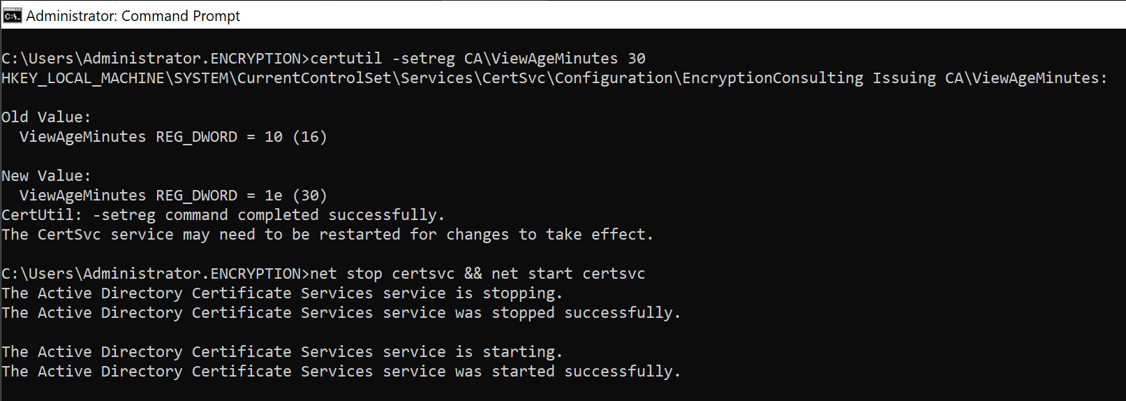 Command prompt showing the commands to increase the ViewAgeMinutes timeout and restart the CA service.