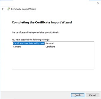 Completing the Certificate Import Wizard screen with the Finish button