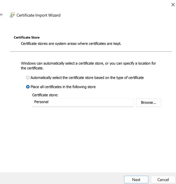 Certificate Import Wizard with Place all certificates in the following store selected
